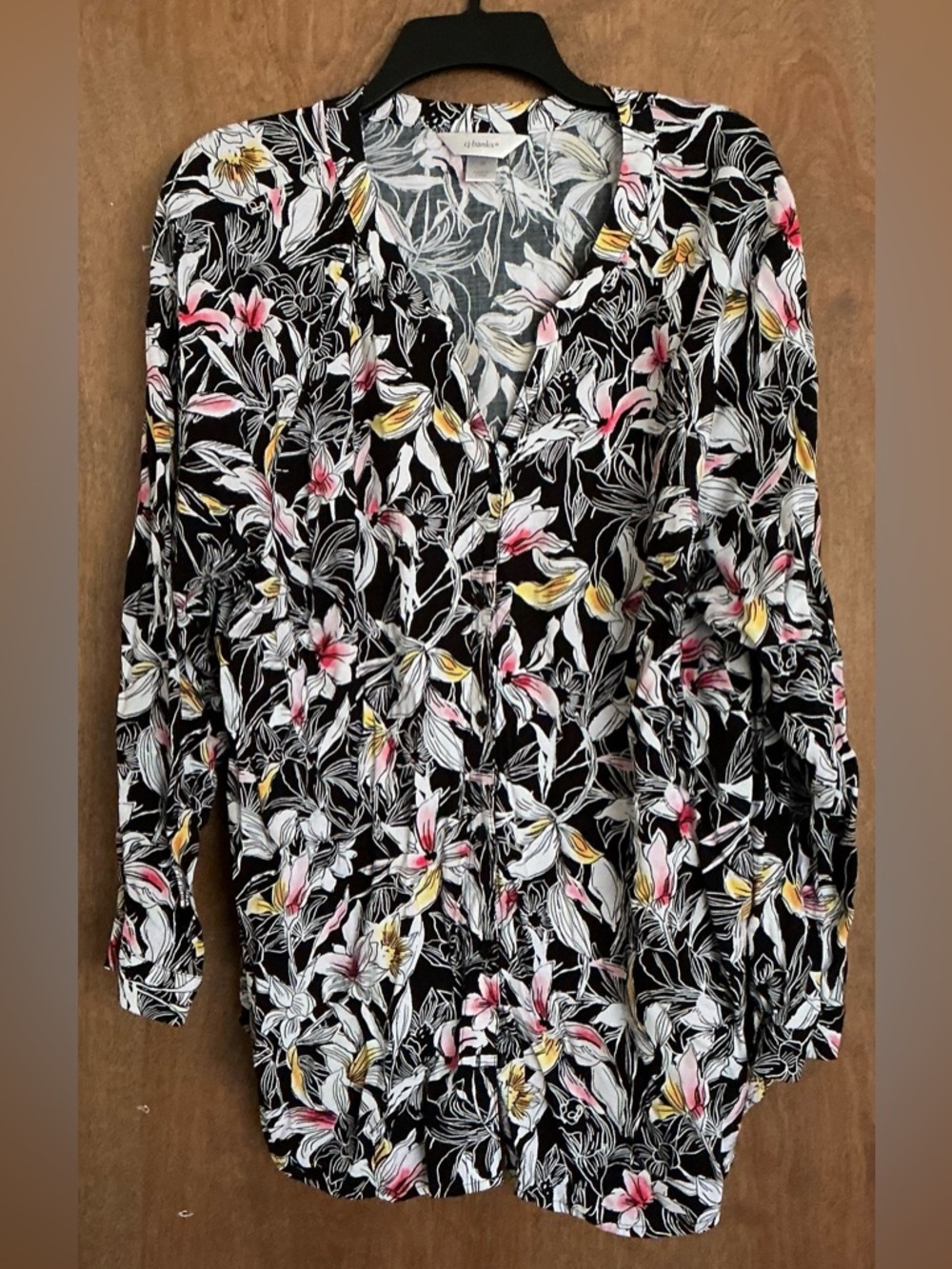 CJ Banks Womens 1X Plus Shirt Multicolor Floral Button-Up Long Sleeve V Neck